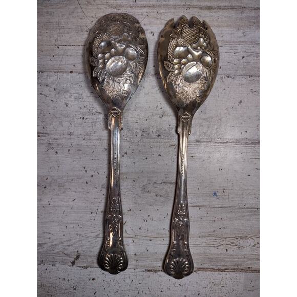 Vintage FB Rogers Italy Ornate Silver Plate Embossed Fruit Serving Spoon & Fork - Picture 6 of 8